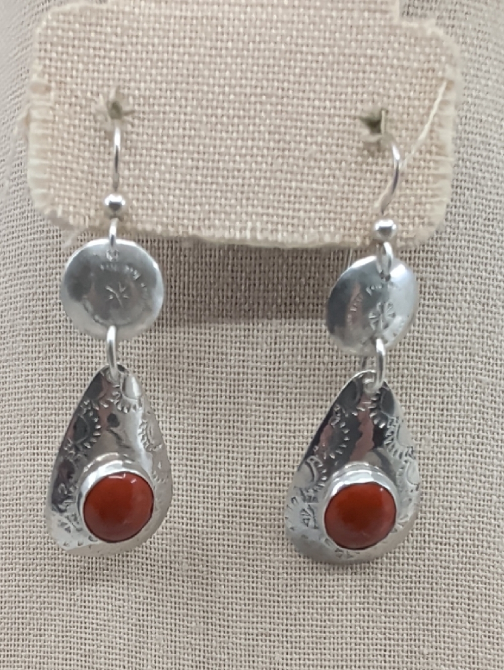 Vintage Sterling Silver Red Coral Cabochon Teardrop Dangle Earrings Artisan - Picture 14 of 17